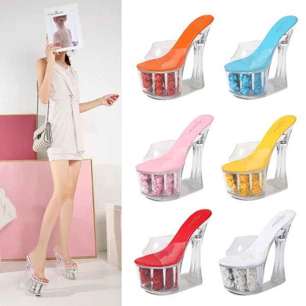 Chic / Belle Blanche Jardin / Extérieur Cristal Sandales Femme 2020 17 cm Talons Épais Peep Toes / Bout Ouvert Sandales