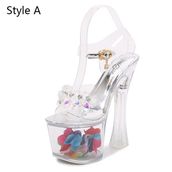 Sexy Transparent Argenté Club de carnaval Cristal Sandales Femme 2020 Bride Cheville Faux Diamant 17 cm Talons Épais Peep Toes / Bout Ouvert Sandales