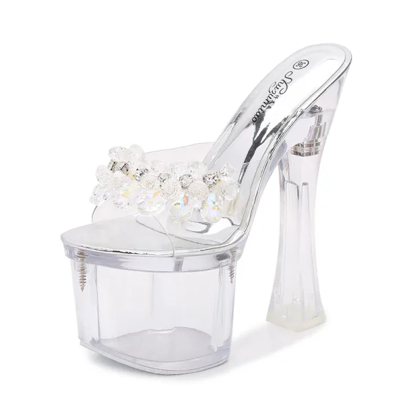 Sexy Transparent Argenté Club de carnaval Cristal Sandales Femme 2020 Faux Diamant 17 cm Talons Épais Peep Toes / Bout Ouvert Sandales