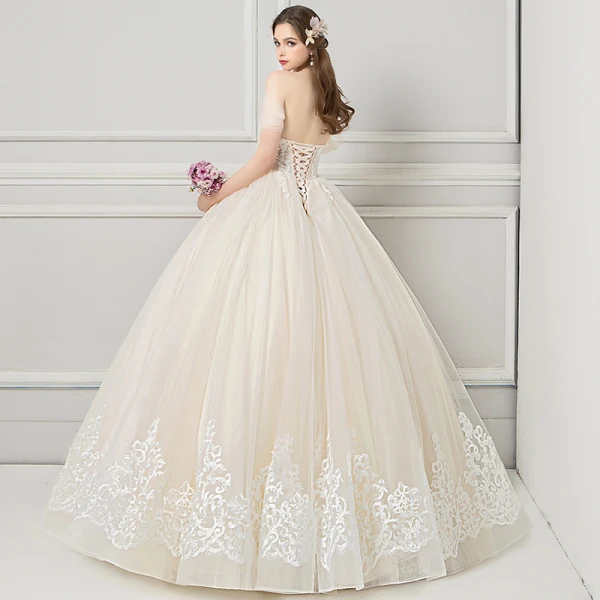 Elegant Champagne Wedding Dresses 2018 Ball Gown Lace Flower Beading Crystal Pearl Off-The-Shoulder Backless Sleeveless Floor-Length / Long Wedding