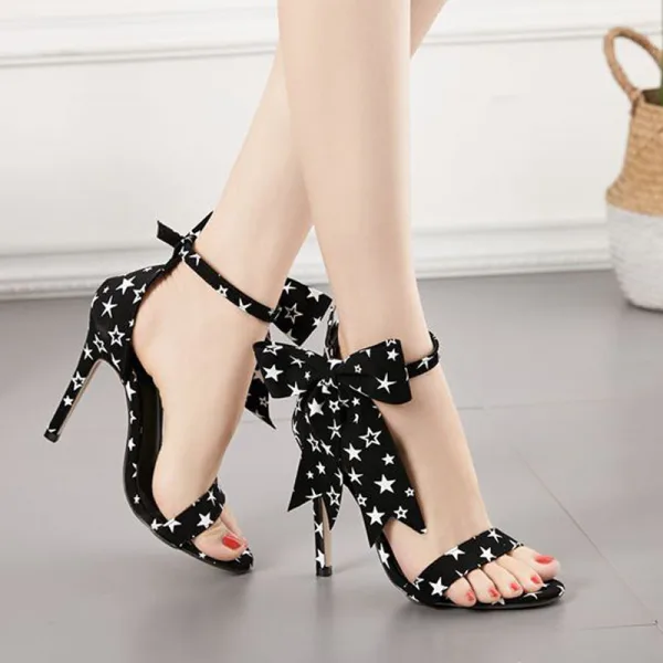 Fashion Black Cocktail Party Star Womens Sandals 2020 Bow Ankle Strap 11 cm Stiletto Heels Open / Peep Toe Sandals