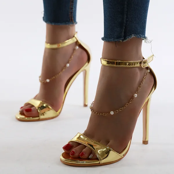 Chic / Beautiful Gold Street Wear Womens Sandals 2020 Ankle Strap 12 cm Stiletto Heels Open / Peep Toe Sandals