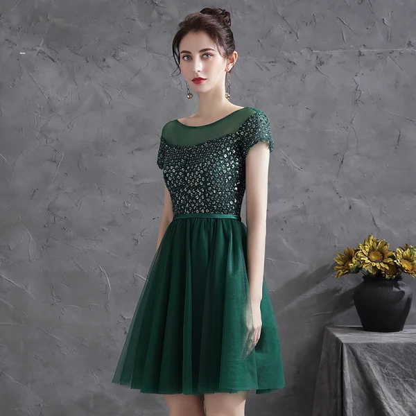 Chic / Belle Vert Foncé Robe De Fete Robe De Cocktail 2021 Princesse Encolure Dégagée Paillettes Ceinture Manches Courtes Dos Nu Courte Cocktail Robe De Ceremonie