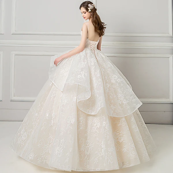 Elegant Champagne Wedding Dresses 2018 Ball Gown Beading Lace Flower V-Neck Backless Sleeveless Floor-Length / Long Wedding