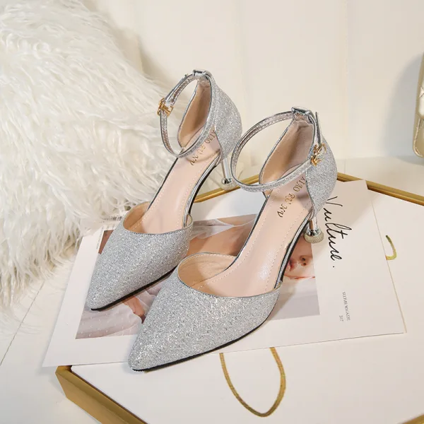 Fashion Gold Wedding Shoes 2020 Sequins Ankle Strap 6 cm Stiletto Heels Pointed Toe Wedding Heels