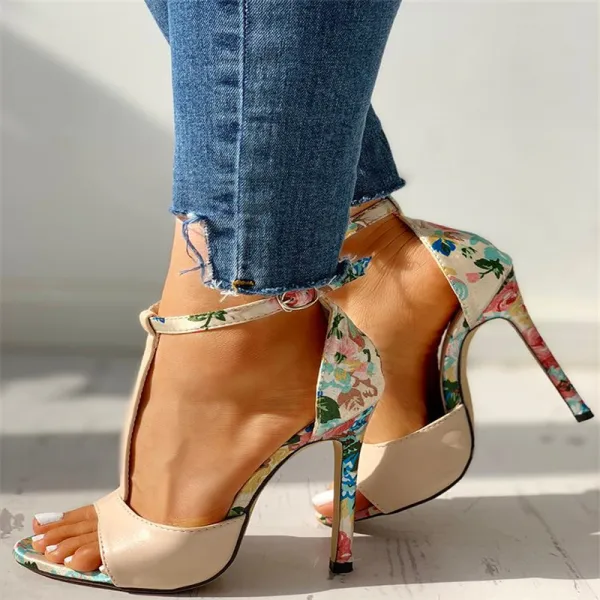 Chic / Beautiful Red Outdoor / Garden Floral Womens Sandals 2020 T-Strap 10 cm Stiletto Heels Open / Peep Toe Sandals