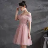 Chic / Beautiful Blushing Pink Homecoming Cocktail Dresses Graduation Dresses 2021 A-Line / Princess Off-The-Shoulder Beading Sequins Sash Short Sleeve Backless Knee-Length Cocktail Party Formal Dresses