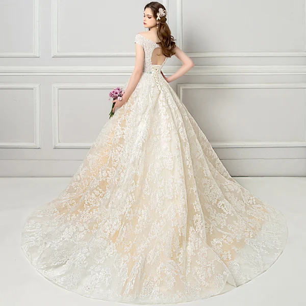Elegant Champagne Wedding Dresses 2018 Ball Gown Lace Flower Pearl V-Neck Backless Cap Sleeves Chapel Train Wedding