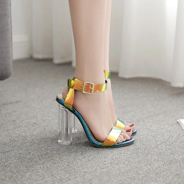 Fantaisie Multi-Couleurs Sandales Femme 2020 Bride Cheville 11 cm Talons Épais Peep Toes / Bout Ouvert Sandales