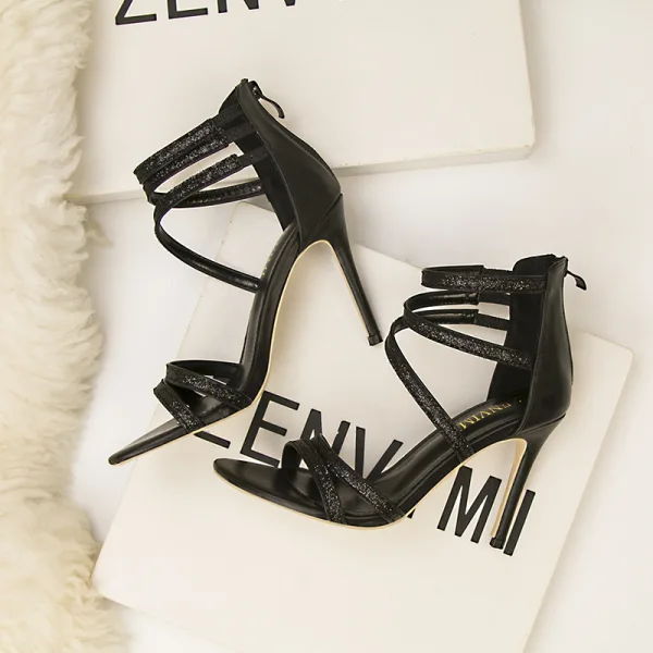 Fashion White Evening Party Womens Sandals 2020 Sequins Ankle Strap 10 cm Stiletto Heels Open / Peep Toe Sandals