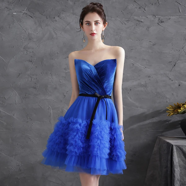 Sexy Royal Blue Suede Cocktail Dresses Party Dresses 2021 A-Line / Princess Strapless Bow Sleeveless Backless Short Ruffle Cocktail Party Formal Dresses