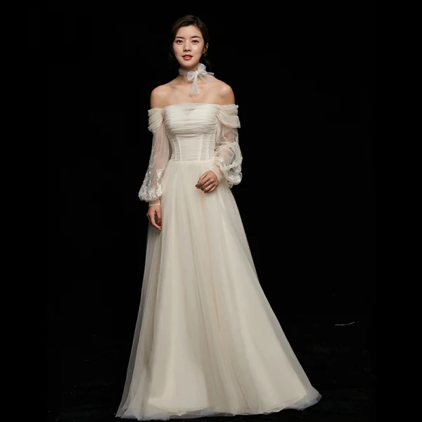 Modest / Simple Champagne Wedding Dresses 2018 A-Line / Princess Lace Off-The-Shoulder Backless 3/4 Sleeve Court Train Wedding