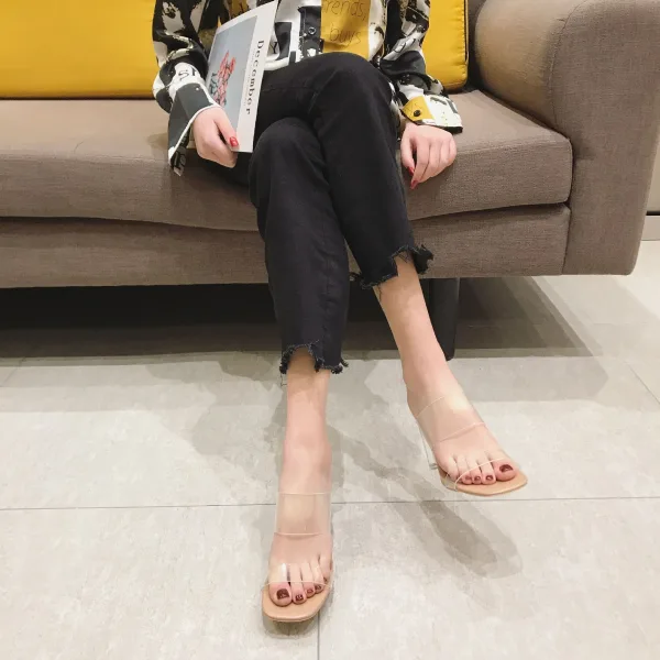 Transparent Beige Street Wear Womens Sandals 2020 9 cm Thick Heels Open / Peep Toe Sandals