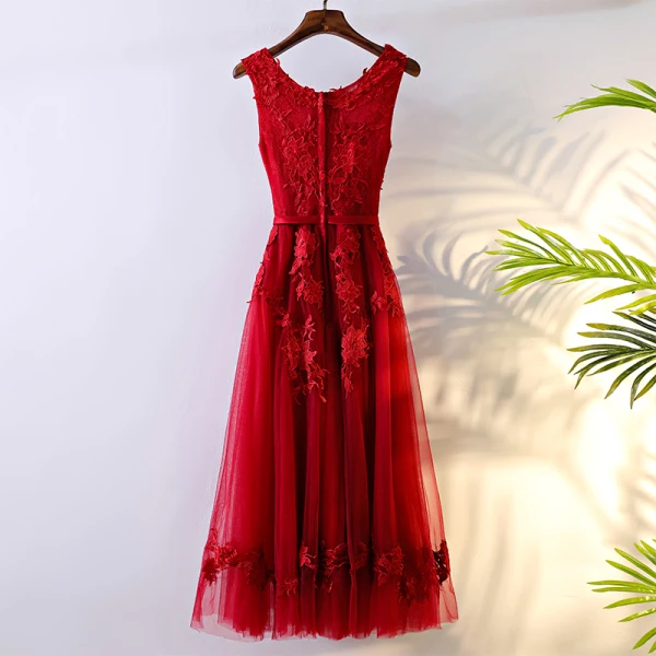 Chic / Beautiful Red Formal Dresses Evening Dresses  2017 Lace Flower Bow Artificial Flowers Zipper Up Scoop Neck Sleeveless Tea-length A-Line / Princess