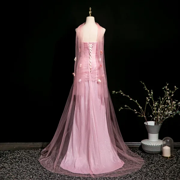 Sexy Rosa Glanz Perle Applikationen Abendkleider 2025 Meerjungfrau Bandeau Ärmellos Rückenfreies Lange Abend Festliche Kleider