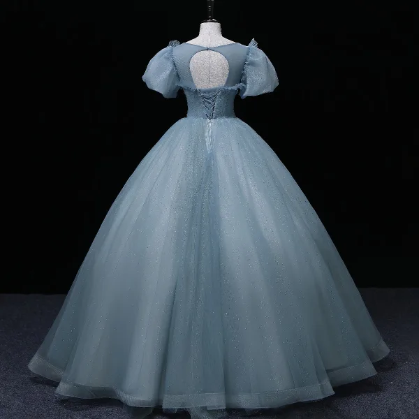 Chic / Beautiful Pool Blue Prom Dresses 2022 Ball Gown Scoop Neck Beading Puffy Short Sleeve Backless Floor-Length / Long Formal Dresses