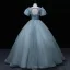 Chic / Beautiful Pool Blue Prom Dresses 2022 Ball Gown Scoop Neck Beading Puffy Short Sleeve Backless Floor-Length / Long Formal Dresses