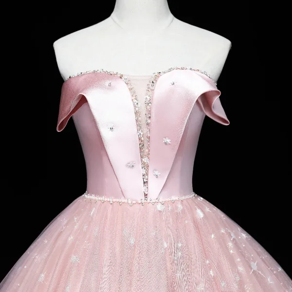 Elegante Pink Ballkleider 2022 Bandeau Perlenstickerei Perle Pailletten Ärmellos Rückenfreies Lange Festliche Kleider