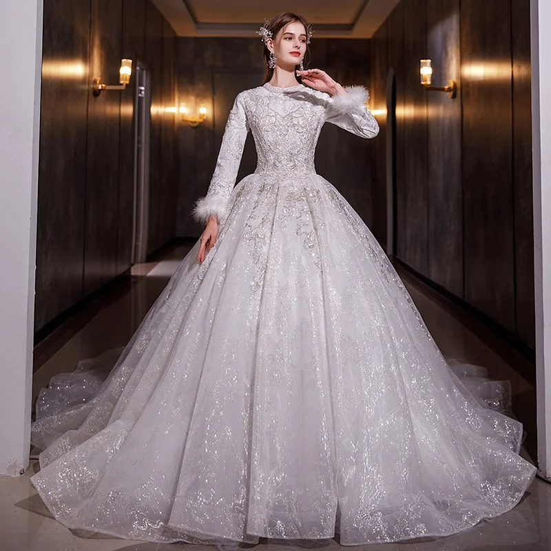 Muslim Sparkly Charming White Beading Pearl Rhinestone Sequins Winter Wedding Dresses