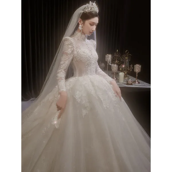 High-end White Beading Pearl Lace Flower Wedding Dresses 2022 Ball Gown High Neck Long Sleeve Backless Floor-Length / Long Wedding