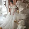 Modest / Simple White Prom Dresses 2022 A-Line / Princess Square Neckline Short Sleeve Floor-Length / Long Formal Dresses
