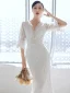 Sexy White Lace Flower Evening Dresses 2022 Trumpet / Mermaid V-Neck 1/2 Sleeves Backless Floor-Length / Long Evening Party Formal Dresses