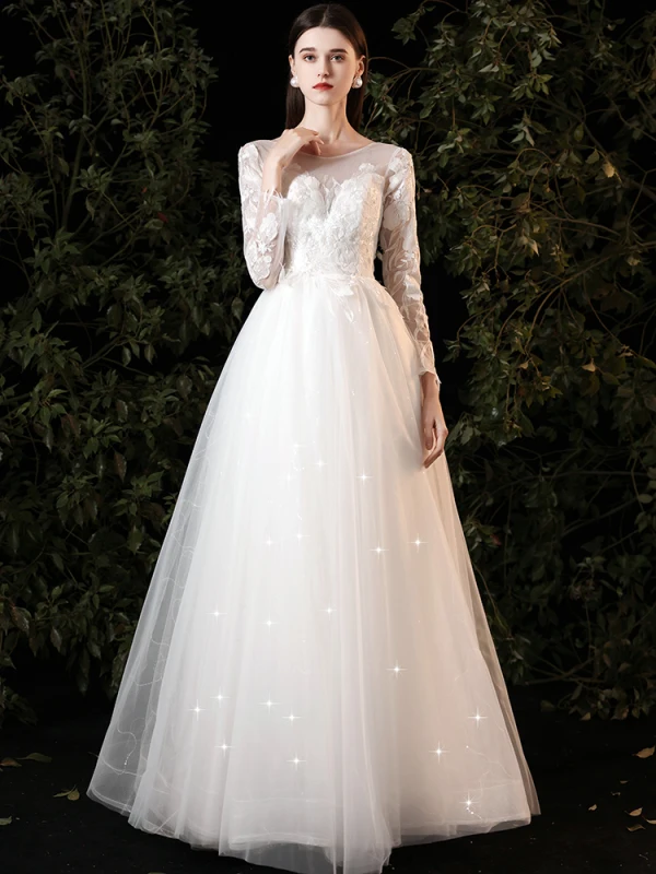 Chic / Beautiful White Lace Flower Prom Dresses 2022 A-Line / Princess Scoop Neck Long Sleeve Backless Floor-Length / Long Formal Dresses