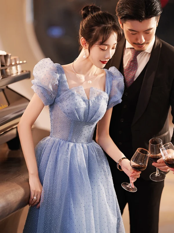 Elegant Pool Blue Glitter Prom Dresses 2022 A-Line / Princess Square Neckline Short Sleeve Backless Floor- Elegant Pool Blue Glitter Prom Dresses 2022 A-Line / Princess Square Neckline Short Sleeve Backless Floor-