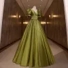Elegant Clover Green Prom Dresses 2022 A-Line / Princess V-Neck Puffy Short Sleeve Backless Bow Floor-Length / Long Formal Dresses