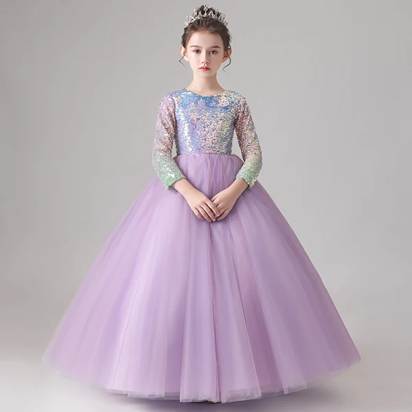 Chic / Beautiful Lilac Gradient-Color Sequins Birthday Flower Girl Dresses 2022 Ball Gown Scoop Neck Long Sleeve Floor-Length / Long Flower Girl Dresses