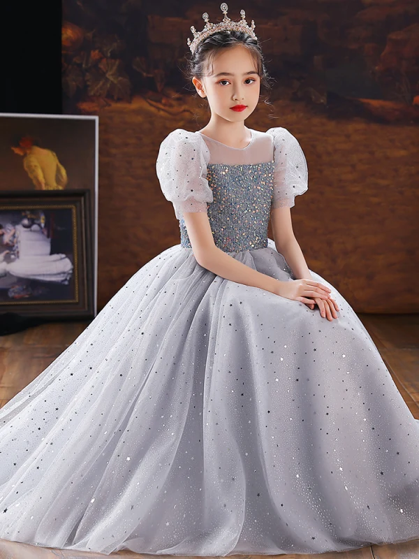 Chic / Beautiful Grey Sequins Birthday Flower Girl Dresses Ball Gown 2022 Scoop Neck Puffy Short Sleeve Floor-Length / Long Flower Girl Dresses