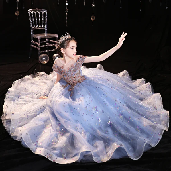 Sparkly Pool Blue Beading Sequins Birthday Flower Girl Dresses 2022 Ball Gown Scoop Neck Short Sleeve Backless Floor-Length / Long Flower Girl Dresses
