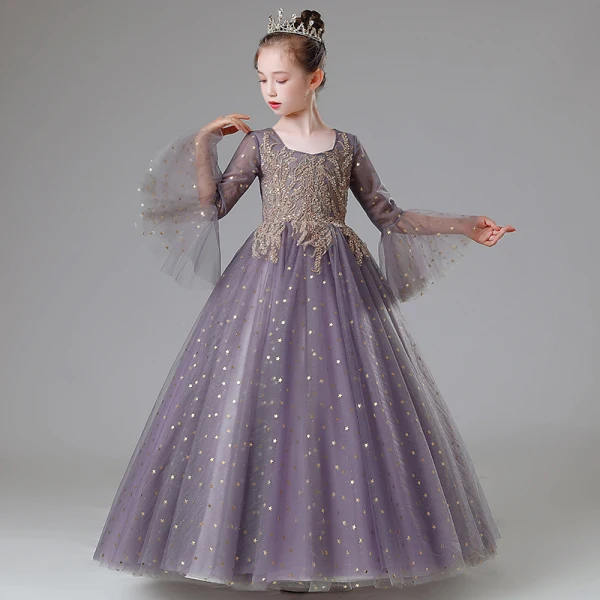 Elegant Lilac Beading Lace Flower Rhinestone Birthday Flower Girl Dresses 2022 Ball Gown Square Neckline Star Sequins Bell sleeves Floor-Length / Long Flower Girl Dresses
