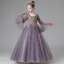 Elegant Lilac Beading Lace Flower Rhinestone Birthday Flower Girl Dresses 2022 Ball Gown Square Neckline Star Sequins Bell sleeves Floor-Length / Long Flower Girl Dresses