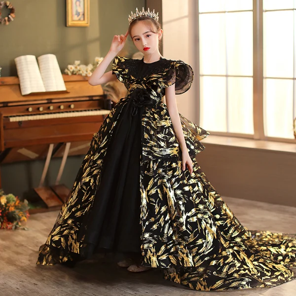 Fashion Black Gold Beading Lace Flower Birthday Flower Girl Dresses 2022 Ball Gown Scoop Neck Short Sleeve Backless Court Train Flower Girl Dresses