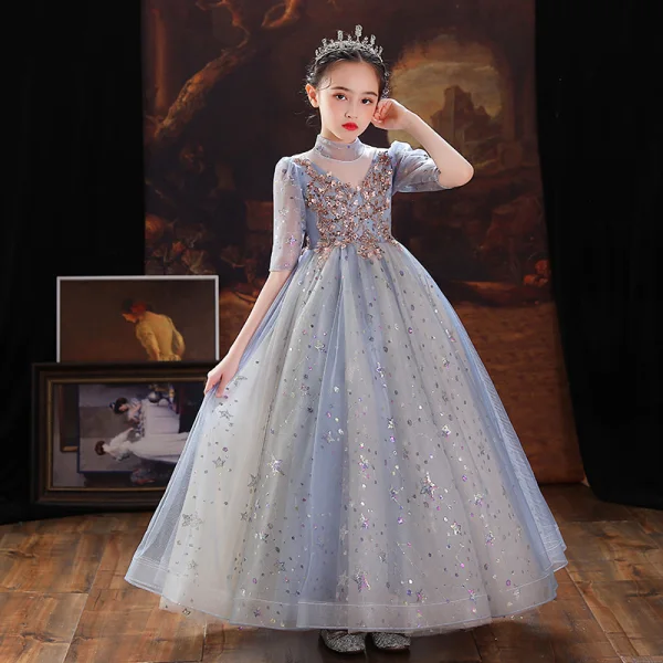 Chic / Beautiful Sky Blue Birthday Flower Girl Dresses 2022 Ball Gown High Neck Beading Sequins 1/2 Sleeves Floor-Length / Long Flower Girl Dresses