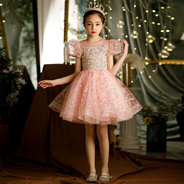 Chic / Beautiful Sky Blue Glitter Beading Sequins Birthday Flower Girl Dresses 2022 Ball Gown Scoop Neck Short Sleeve Knee-Length Flower Girl Dresses