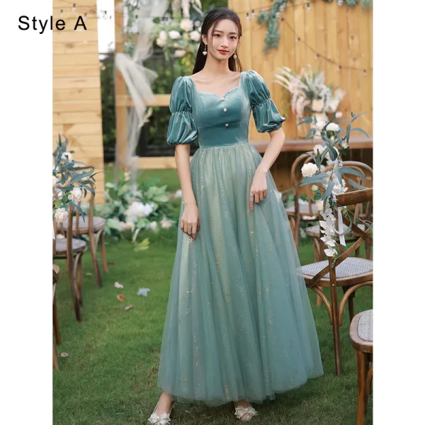 Modest / Simple Jade Green Suede Bridesmaid Dresses 2022 A-Line / Princess Short Sleeve Backless Sequins Floor-Length / Long Wedding Party Dresses
