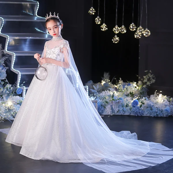 Chic / Beautiful White Beading Pearl Sequins Rhinestone Birthday Flower Girl Dresses 2022 Ball Gown High Neck Short Sleeve Chapel Train Flower Girl Dresses