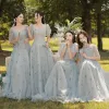 Modest / Simple Grey Butterfly Bridesmaid Dresses 2022 A-Line / Princess Square Neckline Short Sleeve Backless Floor-Length / Long Wedding Party Dresses