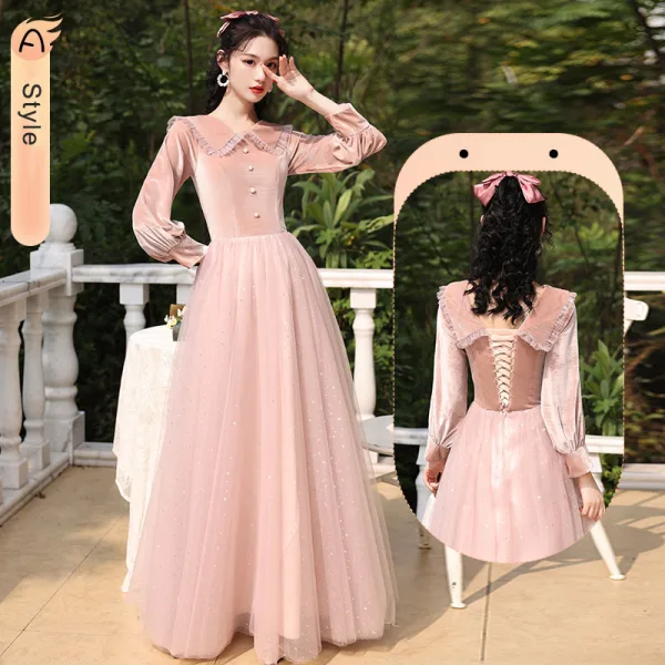 Chic / Beautiful Dusky Pink Suede Bridesmaid Dresses 2022 A-Line / Princess Pearl Sequins Long Sleeve Backless Floor-Length / Long Wedding Party Dresses