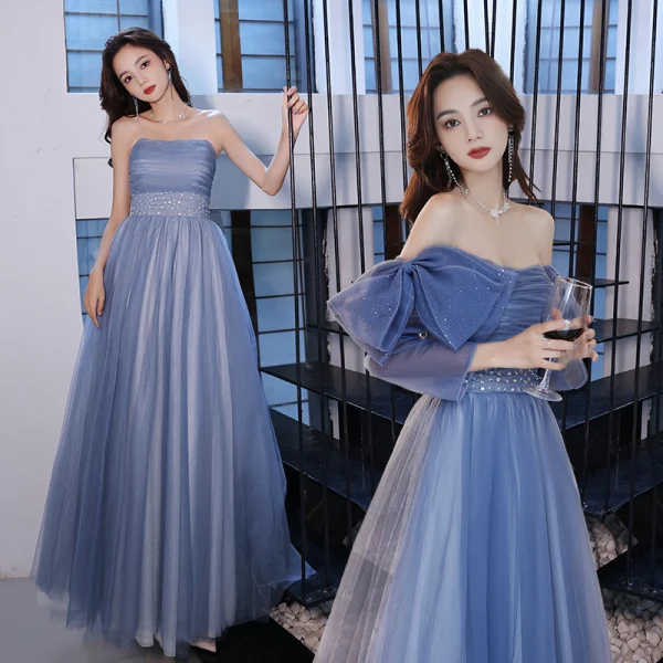 Chic / Beautiful Sky Blue Prom Dresses 2022 A-Line / Princess Strapless Bow Short Sleeve Sequins Backless Floor-Length / Long Formal Dresses