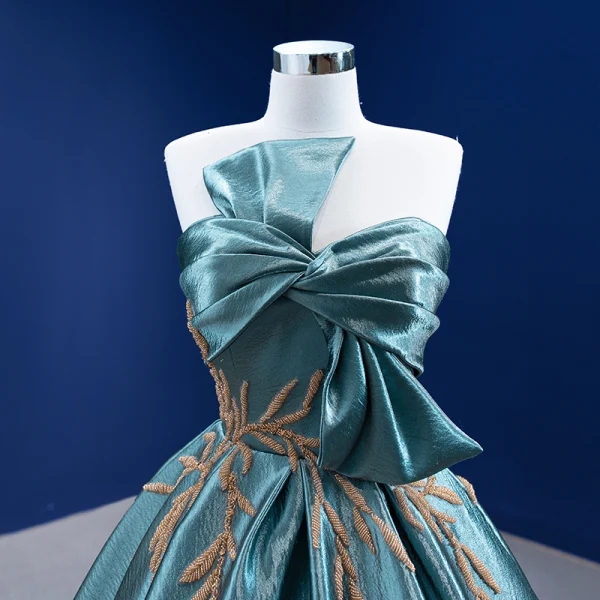 High-end Jade Green Prom Dresses 2022 Ball Gown Bow Strapless Sleeveless Backless Beading Floor-Length / Long Formal Dresses