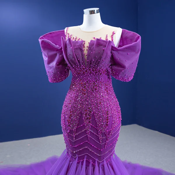 High-end Fuchsia Beading Pearl Sequins Prom Dresses 2022 Trumpet / Mermaid Scoop Neck Puffy Short Sleeve Chapel Train Formal Dresses