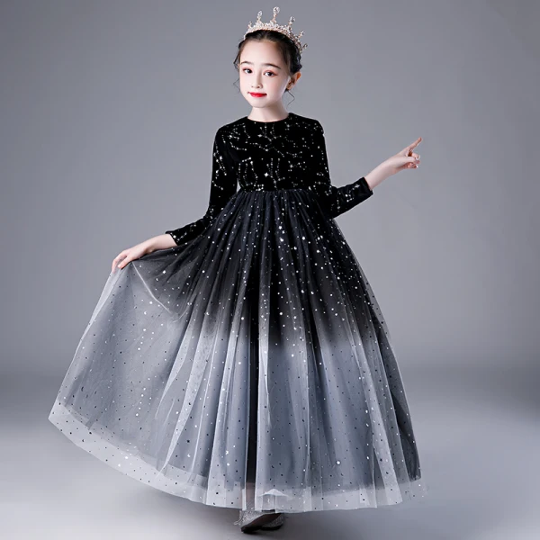 Elegant Navy Blue Star Sequins Flower Girl Dresses 2022 Ball Gown Scoop Neck Long Sleeve Floor-Length / Long Flower Girl Dresses