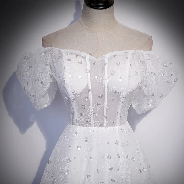 Chic / Beautiful White Sequins Lace Flower Prom Dresses 2022 A-Line / Princess Off-The-Shoulder Short Sleeve Backless Floor-Length / Long Formal Dresses