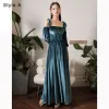 Modest / Simple Ink Blue Suede Bridesmaid Dresses 2022 A-Line / Princess V-Neck Short Sleeve Backless Floor-Length / Long Wedding Party Dresses