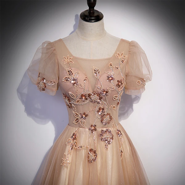Chic / Belle Champagne Robe De Bal 2022 Princesse Encolure Carrée Perlage Paillettes Manches Courtes Dos Nu Longue Robe De Ceremonie
