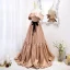 Fashion Champagne Pleated Prom Dresses 2022 A-Line / Princess Off-The-Shoulder Short Sleeve Backless Bow Sweep Train Prom Formal Dresses