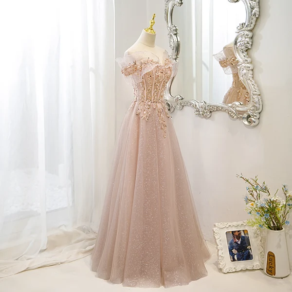 Charmant Rougissant Rose Perlage Paillettes En Dentelle Fleur Robe De Bal 2022 Princesse De l'épaule Manches Courtes Dos Nu Longue Robe De Ceremonie